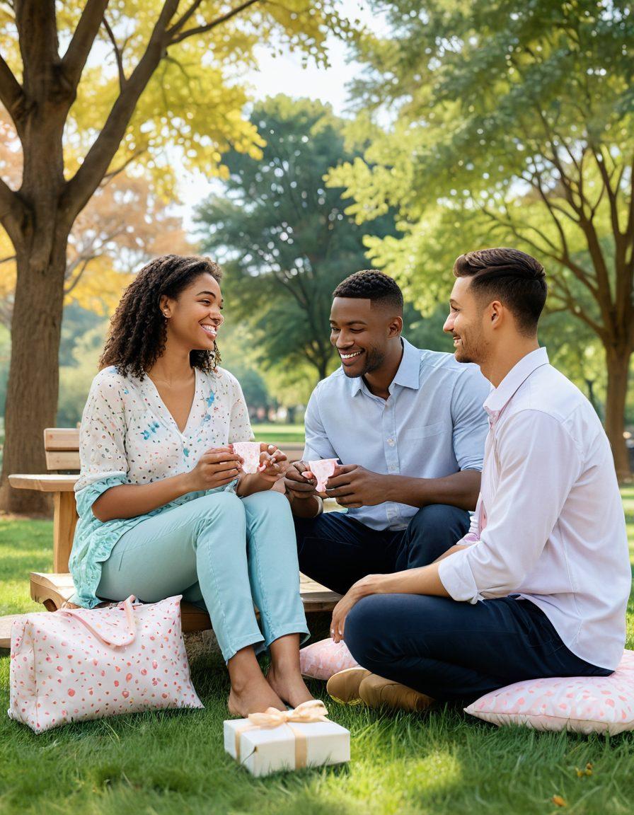 A warm, cozy scene depicting two diverse couples engaging in their love languages, such as one giving a thoughtful gift, another sharing quality time in a serene park, and someone expressing words of affirmation. The background features soft pastel colors to evoke a sense of harmony and affection, with hearts and gentle patterns subtly incorporated. The central focus is on the emotional connection and joy visible on their faces. super-realistic. vibrant colors. soft focus.