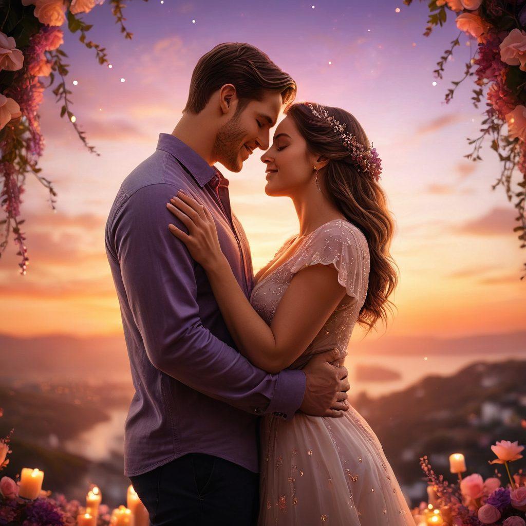 A couple intertwined in a warm embrace, surrounded by flickering candlelight and soft petals, with a backdrop of a sunset sky. Their faces reflect joy and connection, while delicate heart-shaped bokeh lights float softly around them. The scene captures the essence of intimacy and romance. super-realistic. warm tones. soft focus.