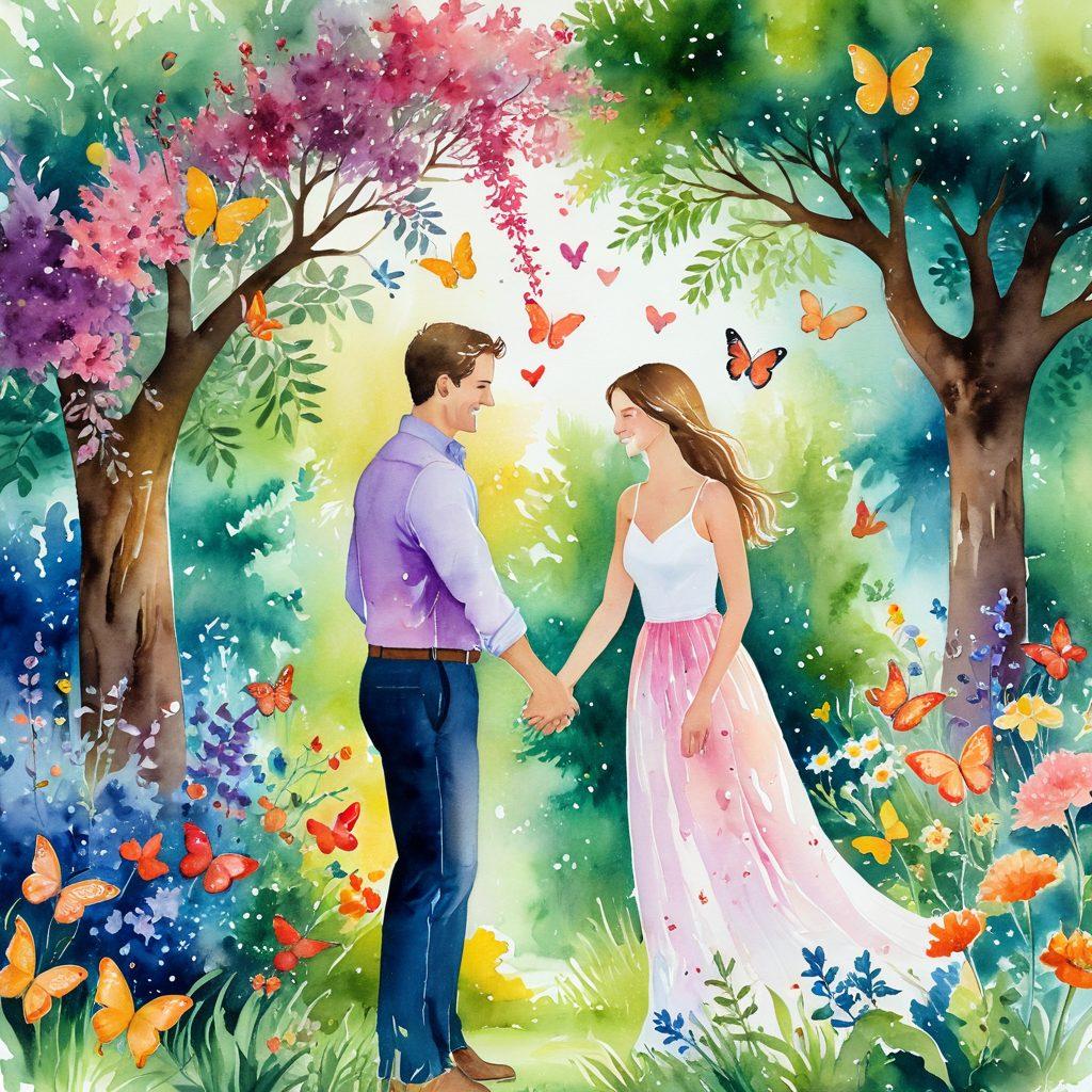 A whimsical scene depicting a couple in a lush, romantic garden, holding hands and sharing a laugh, surrounded by blooming flowers symbolizing growth and love. Soft, warm lighting casts a glow on their faces, while butterflies flutter around, representing transformation in relationships. In the background, a heart-shaped tree adds a touch of enchantment. watercolor painting. vibrant colors. serene atmosphere.
